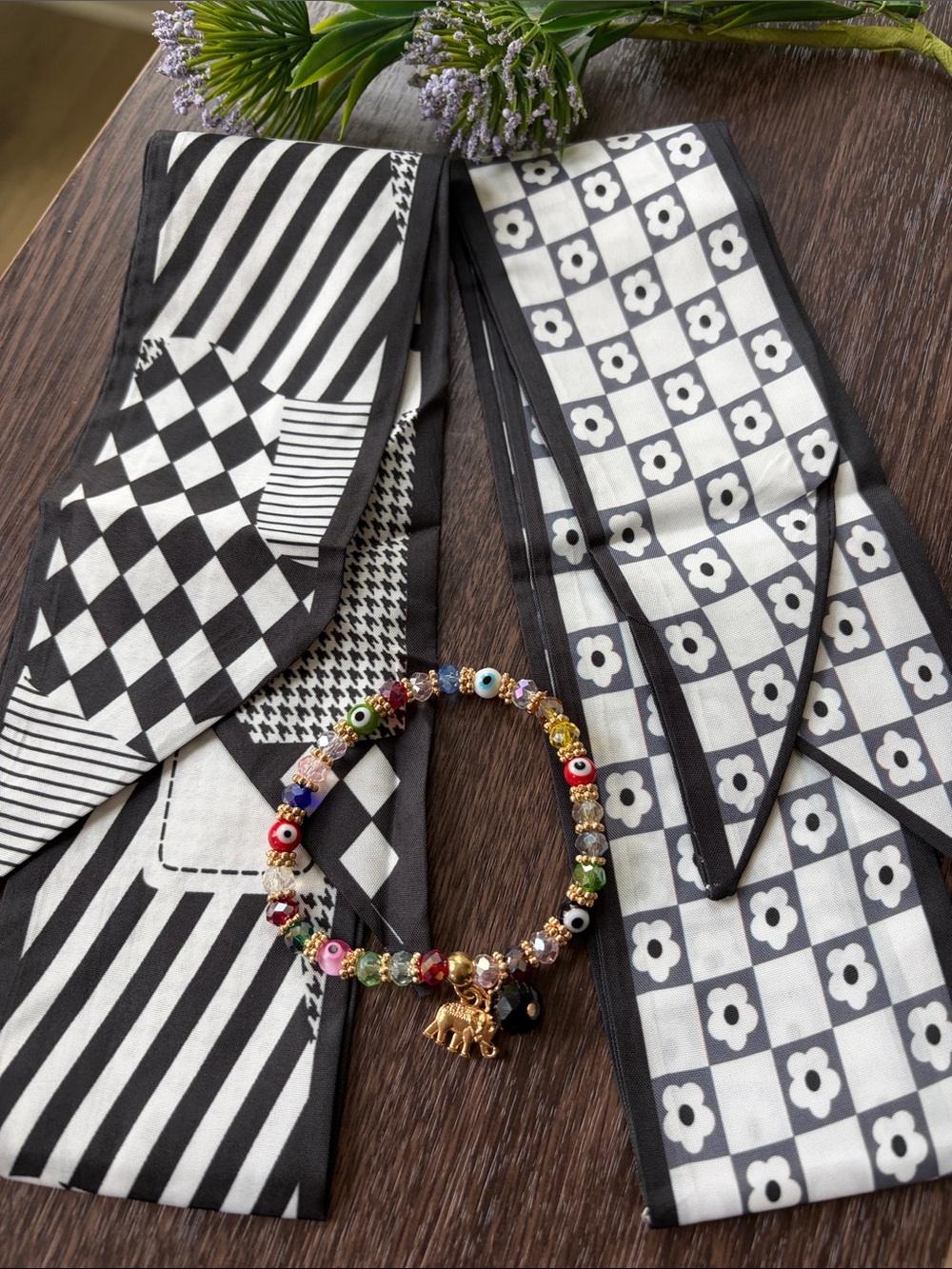 Multicolor Beaded Bracelet Gold/Black Elephant Charm w/2 Purse/Hair Scarves
